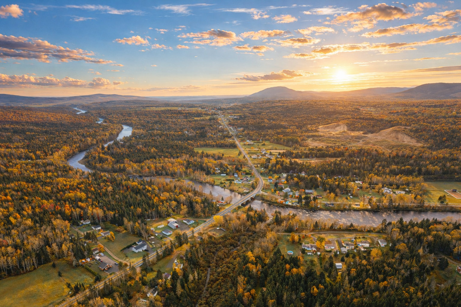 Aerial view of the forests and mountains around the cottages