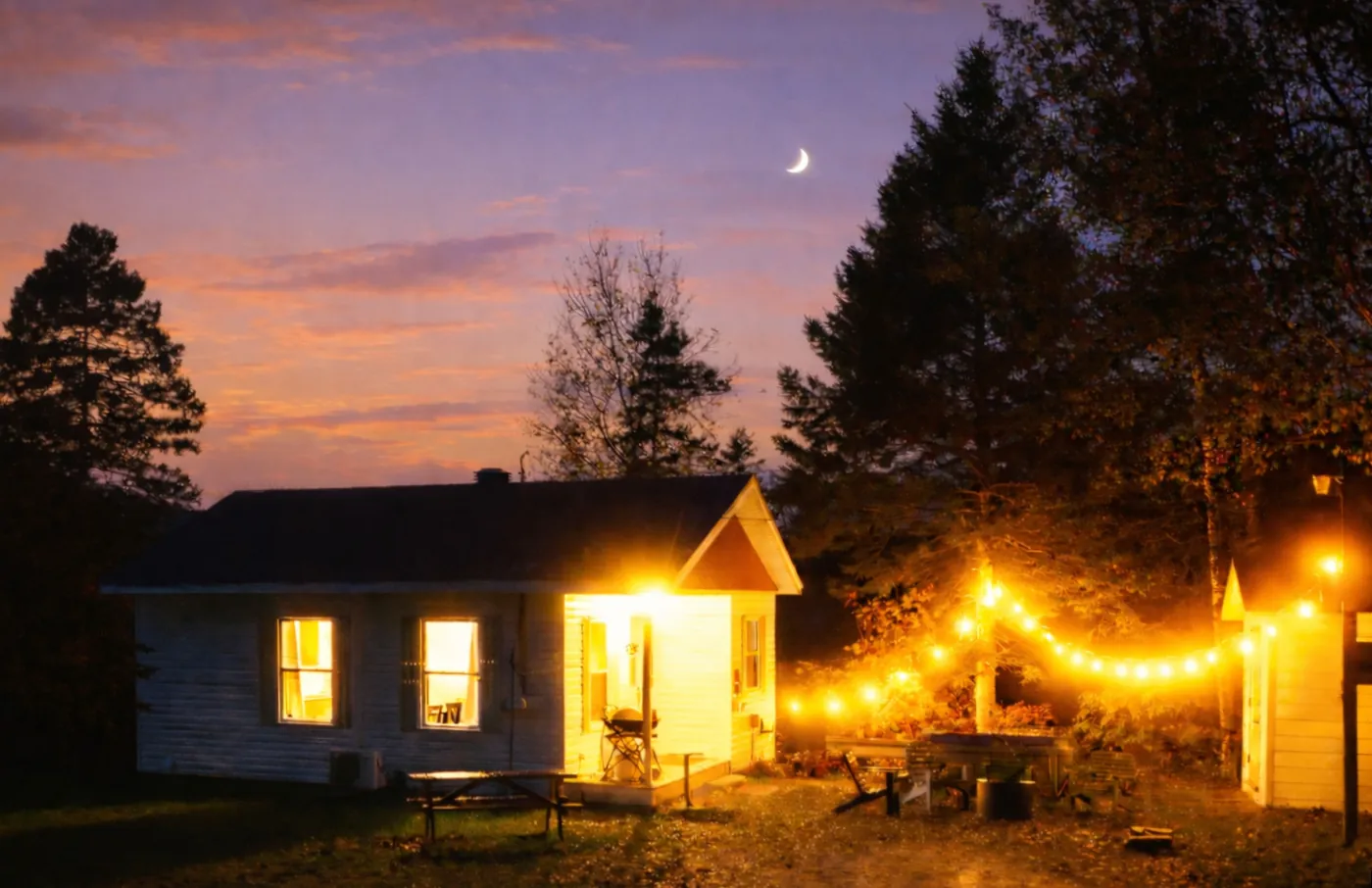 A lit refuge with string lights at dusk