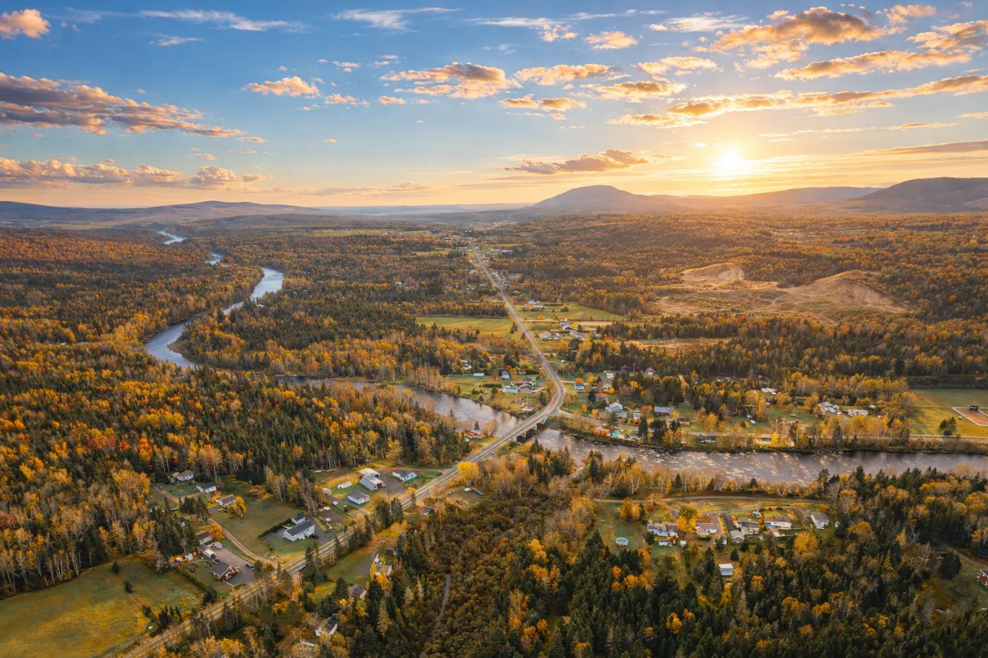 Aerial view of the valley and mountains around Les Refuges des Monts at sunset