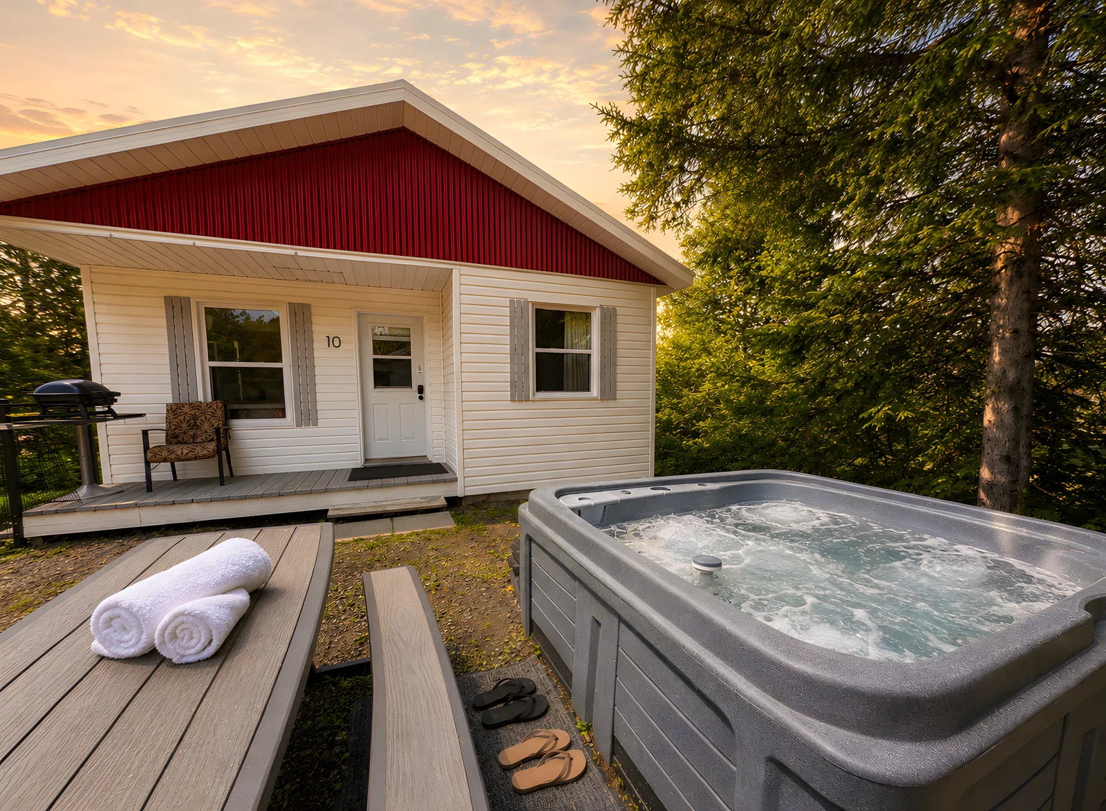 Le Cèdre — Outdoor hot tub in front of the cottage with a red gable