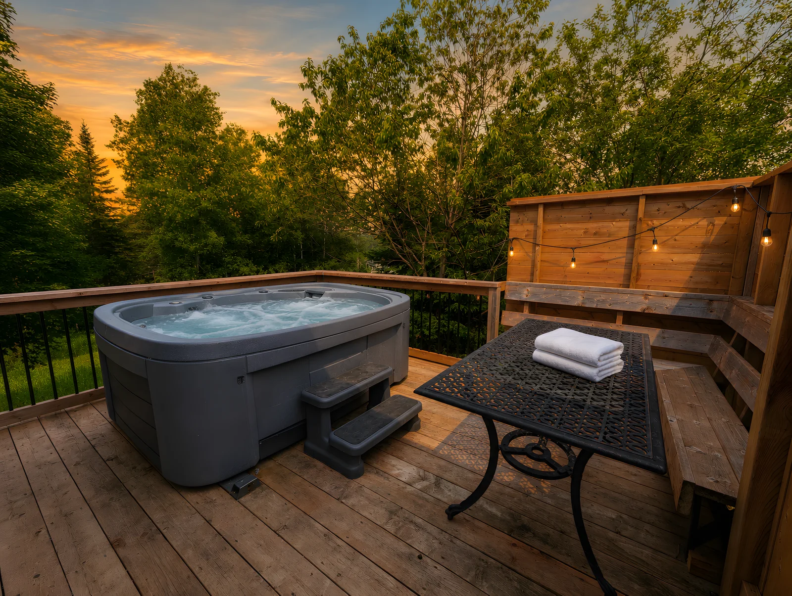 Le Mélèze — Outdoor hot tub on the deck beside a table and wooden privacy screen