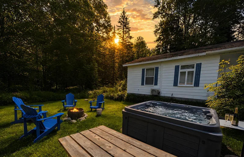 Le Frêne — Spa, chaises bleues et chalet au coucher du soleil