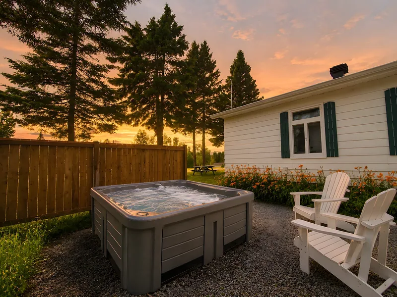Le Merisier — Outdoor hot tub and white chairs at sunset