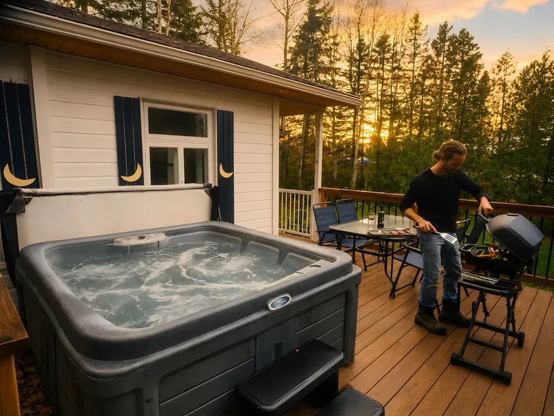 Le Grand Orme — Hot tub on the deck and a person at the barbecue