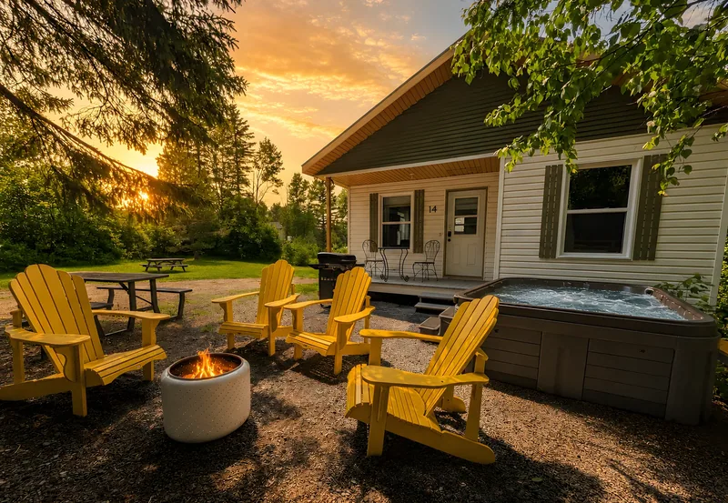 La Pruche — Yellow chairs around an outdoor fire pit beside the hot tub and cottage at sunset
